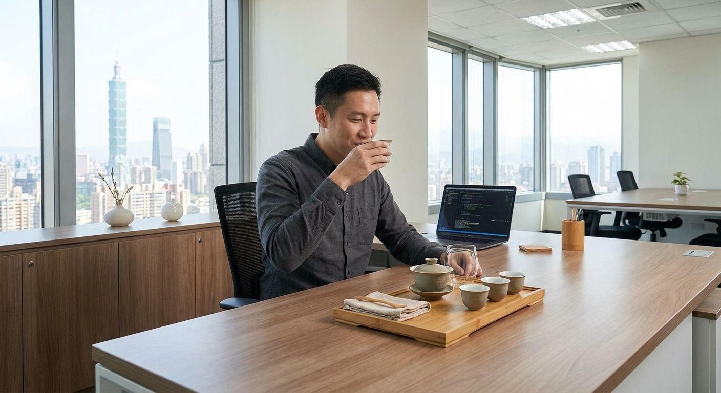Sipping gongfu tea at a desk with a city skyline through the windows