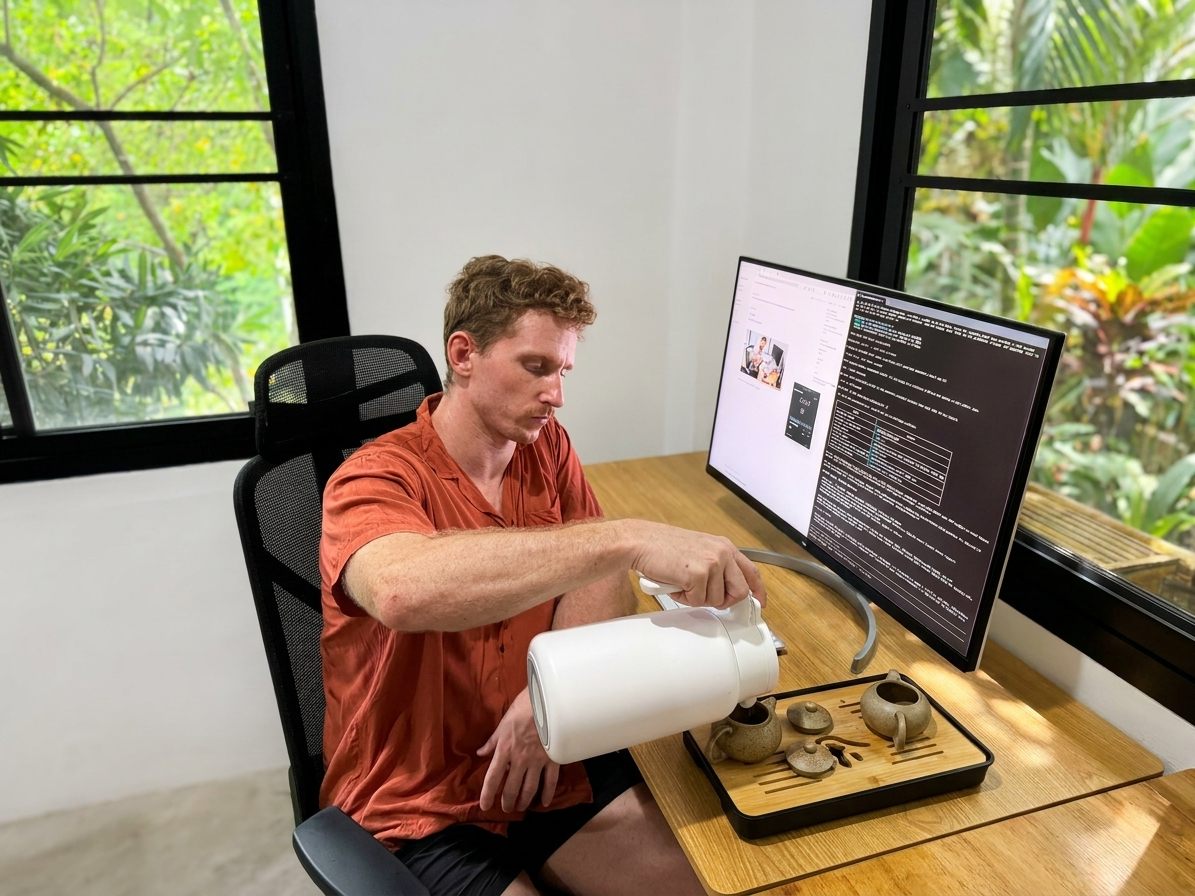 Brewing gongfu tea at a desk in front of a monitor, surrounded by greenery