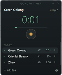 The widget counting down a steep, with several teas and their steep counts in the today list